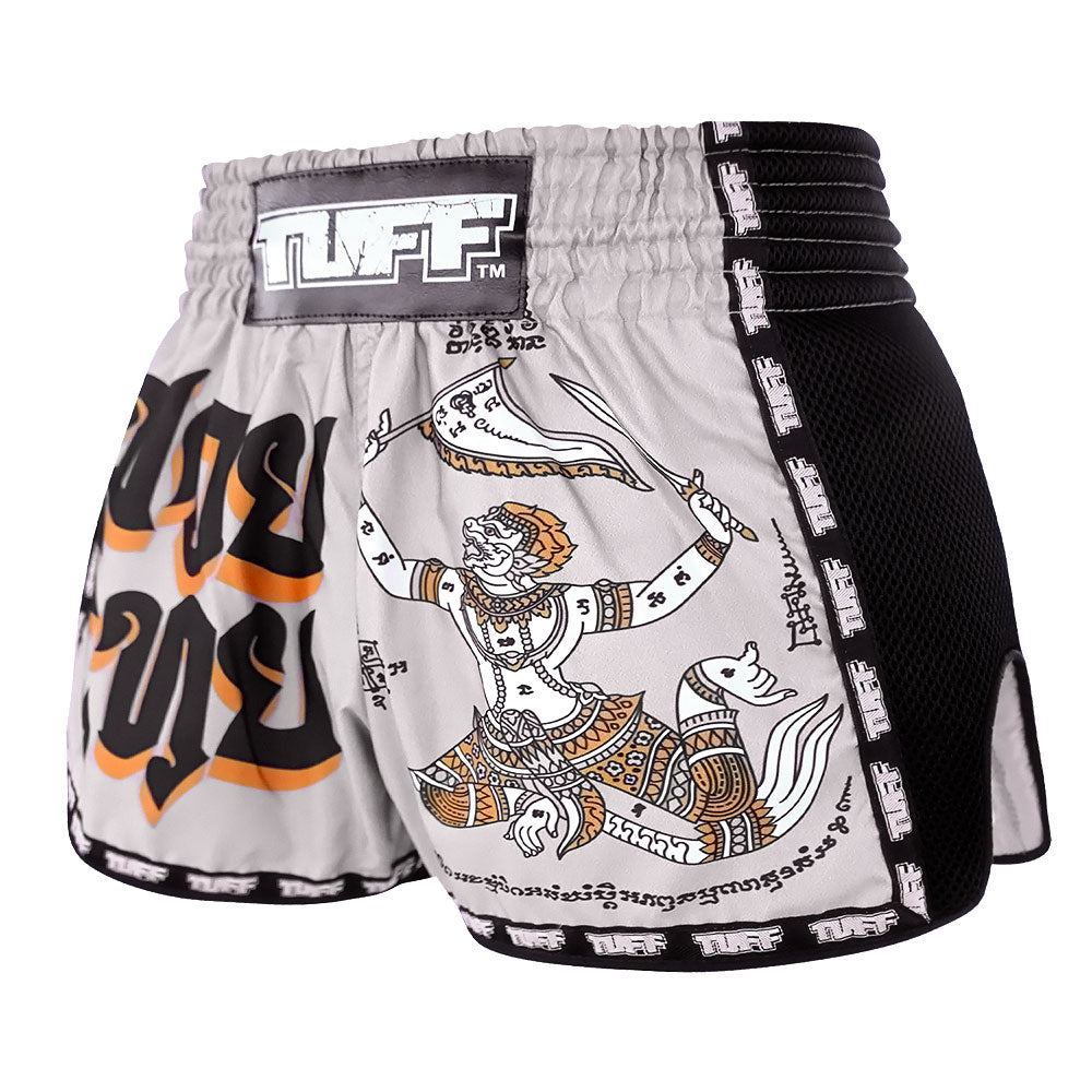 MRS206 TUFF Muay Thai Shorts Retro Style Grey Hanuman Yantra with War Flag