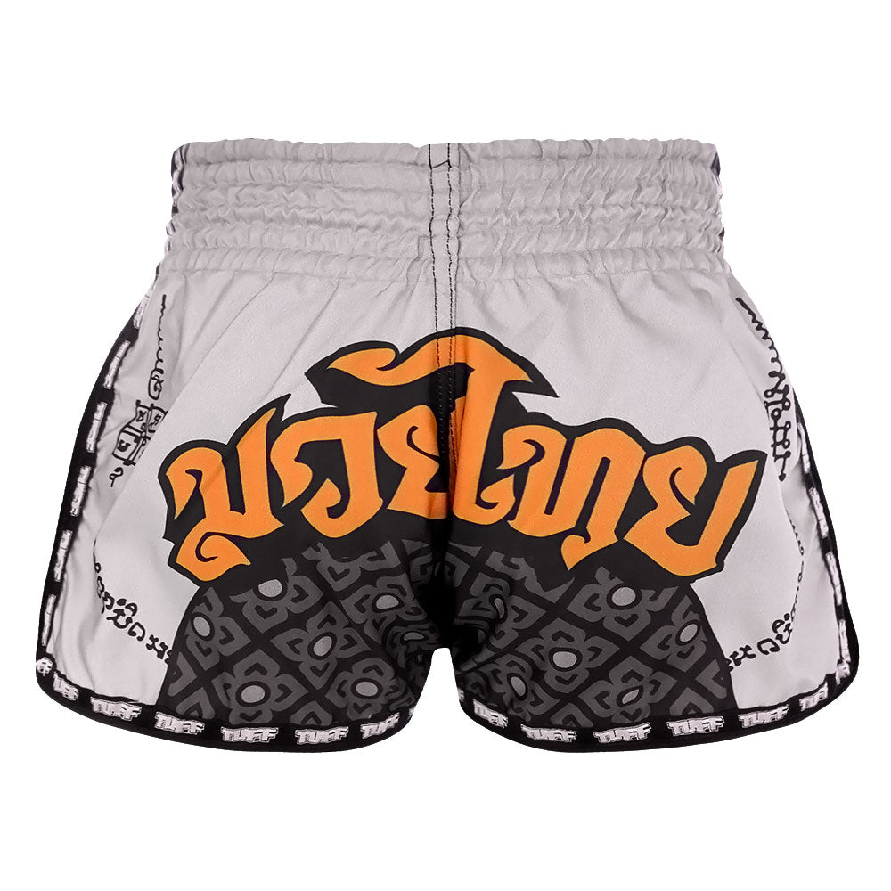 MRS206 TUFF Muay Thai Shorts Retro Style Grey Hanuman Yantra with War Flag