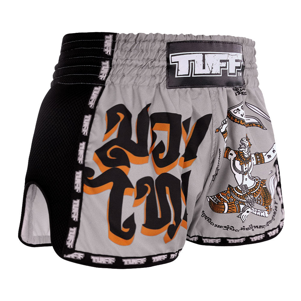 MRS206 TUFF Muay Thai Shorts Retro Style Grey Hanuman Yantra with War Flag