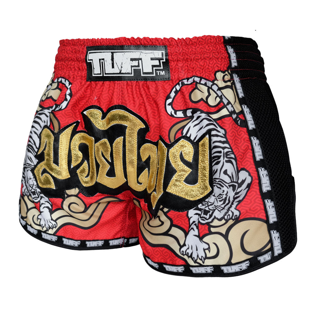 MRS301 TUFF Muay Thai Shorts Retro Style Red Double Tiger With Gold Text