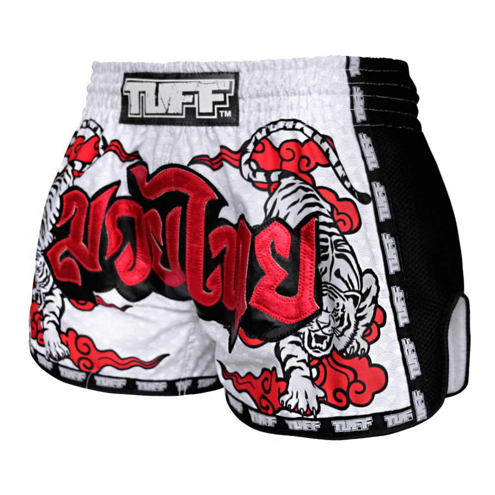 MRS301 TUFF Muay Thai Shorts Retro Style White Double Tiger With Red Text