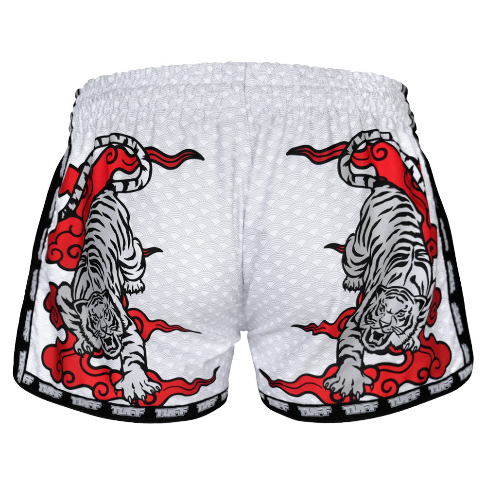 MRS301 TUFF Muay Thai Shorts Retro Style White Double Tiger With Red Text