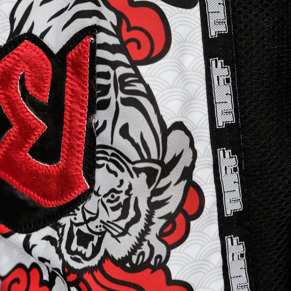 MRS301 TUFF Muay Thai Shorts Retro Style White Double Tiger With Red Text