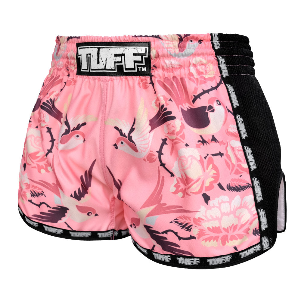 MRS302 TUFF Muay Thai Shorts Retro Style Pink Birds With Roses