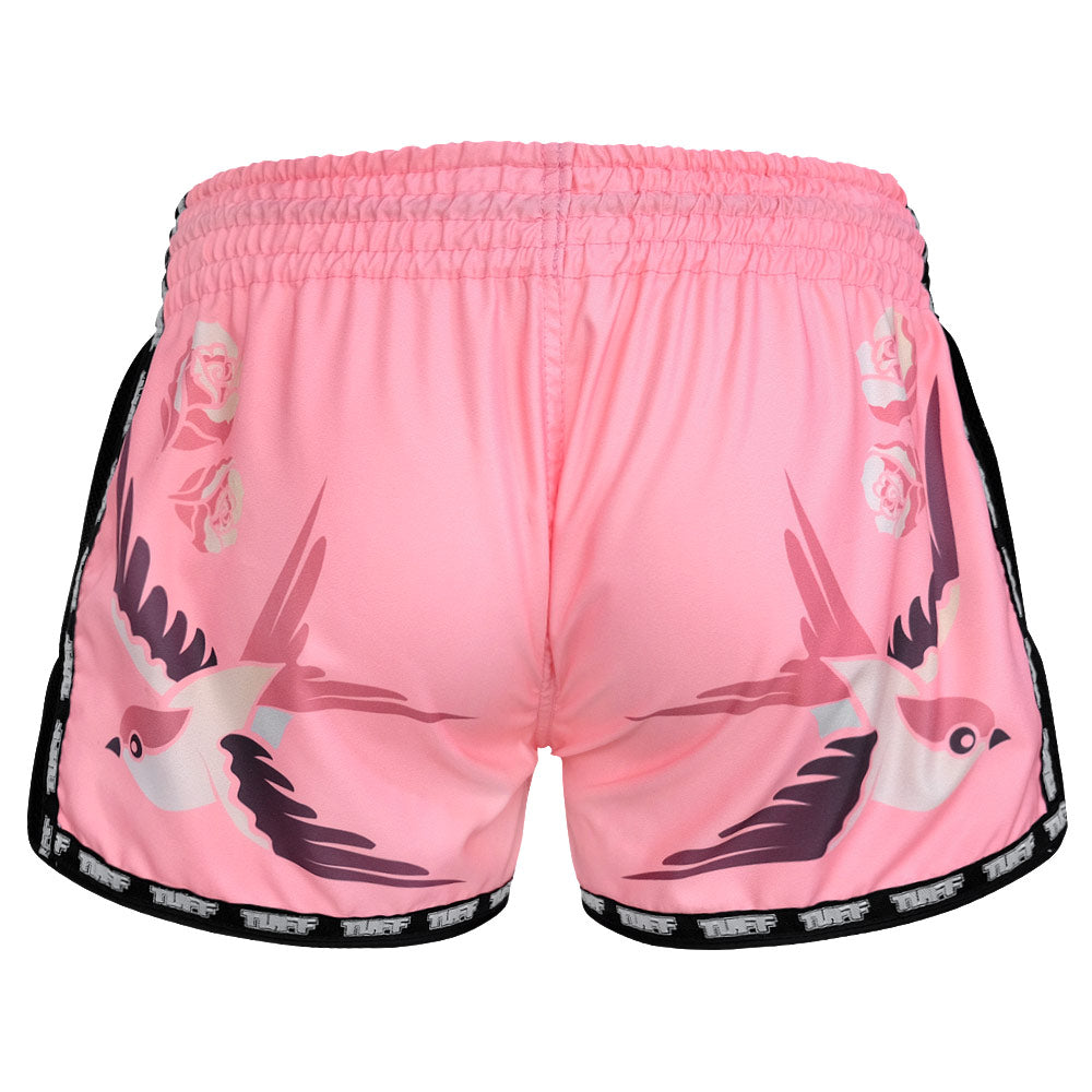 MRS302 TUFF Muay Thai Shorts Retro Style Pink Birds With Roses