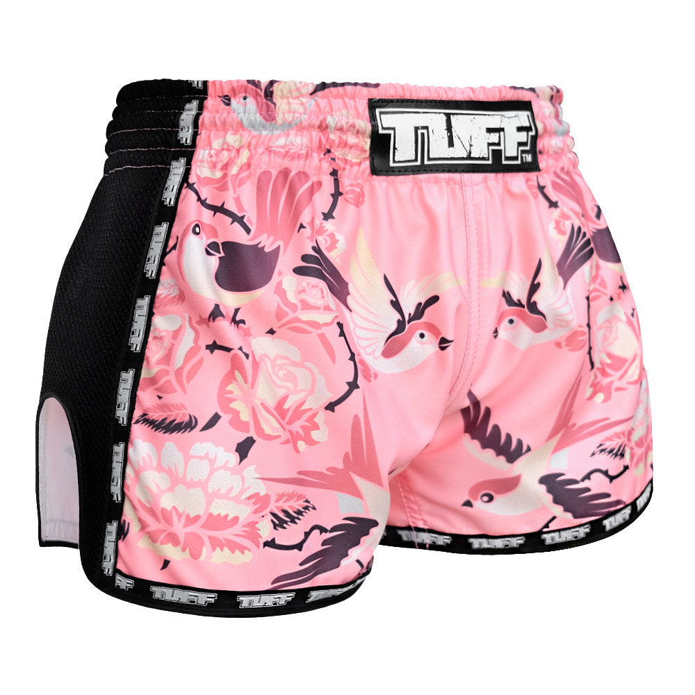 MRS302 TUFF Muay Thai Shorts Retro Style Pink Birds With Roses