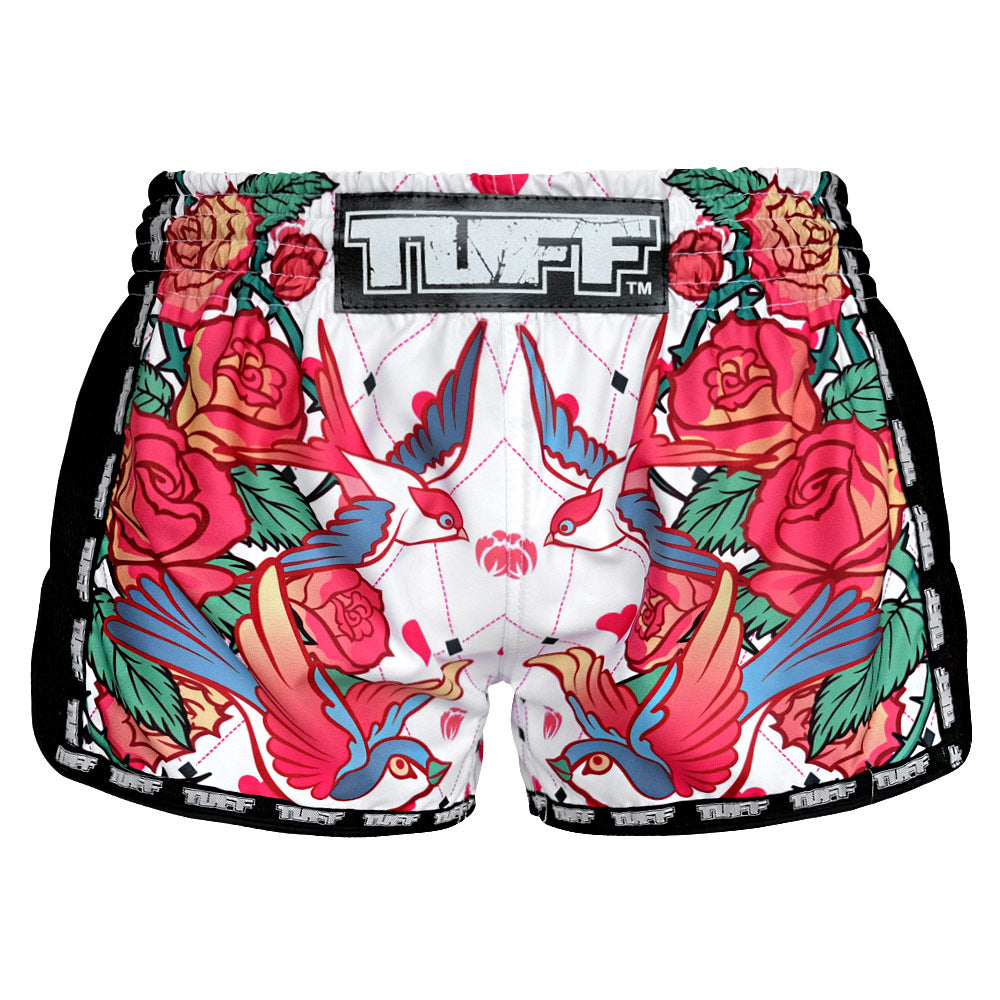 MRS302 TUFF Muay Thai Shorts Retro Style White Roses With Birds