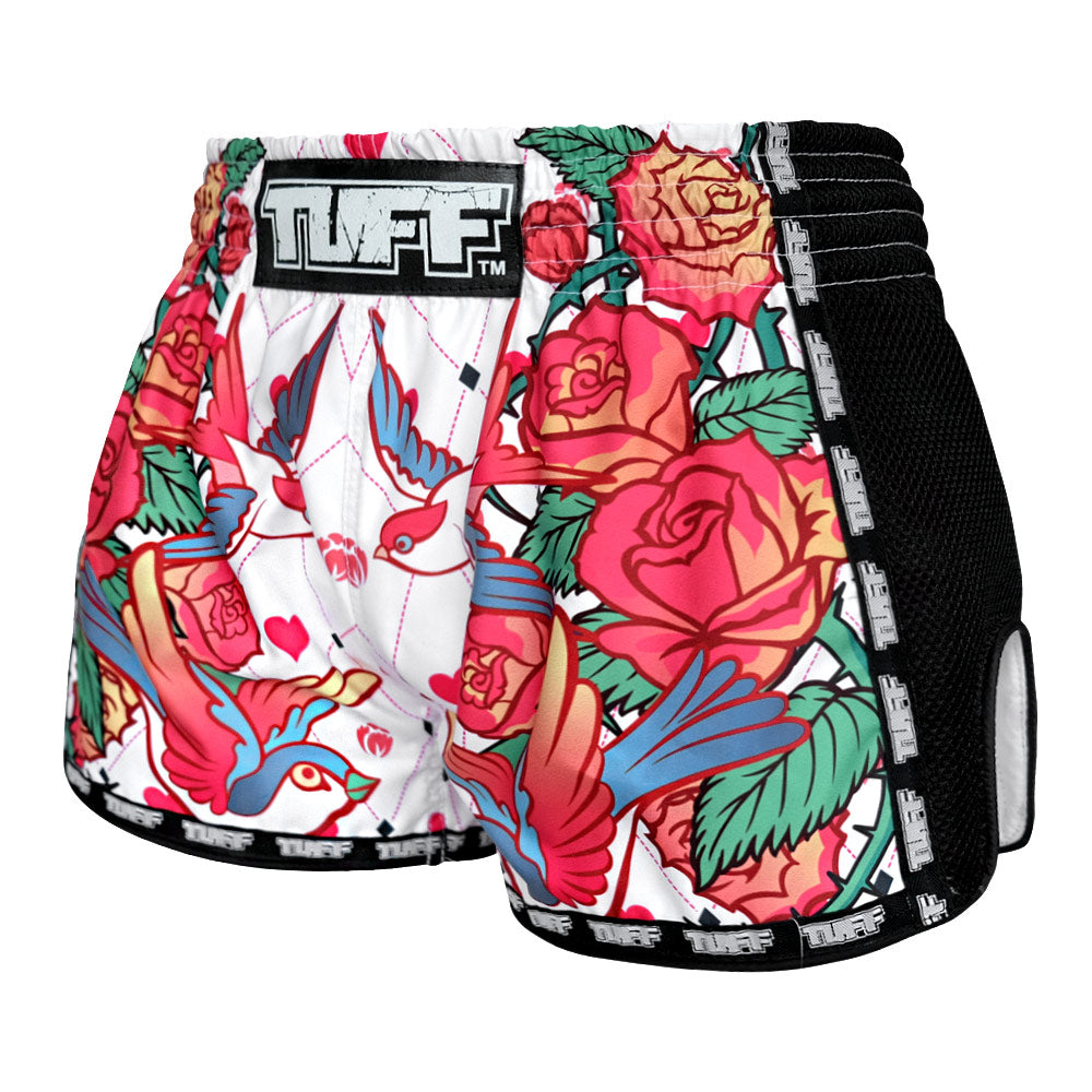 MRS302 TUFF Muay Thai Shorts Retro Style White Roses With Birds