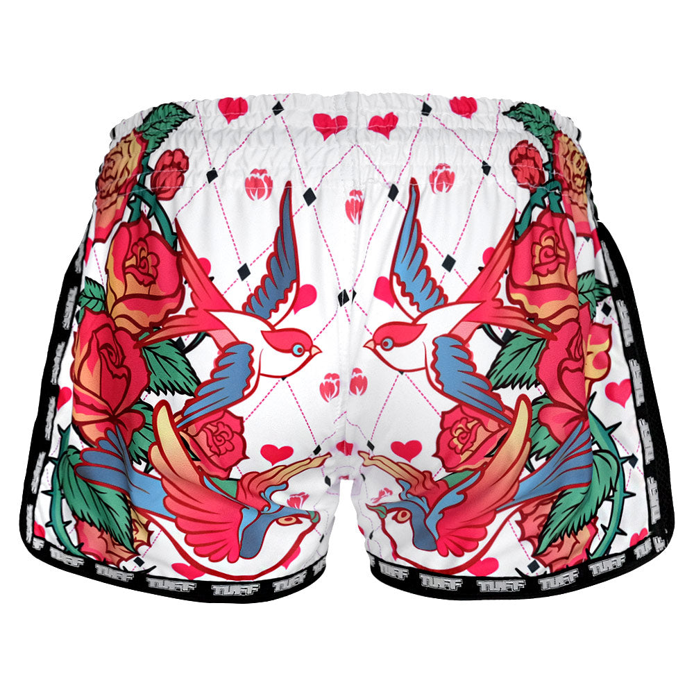 MRS302 TUFF Muay Thai Shorts Retro Style White Roses With Birds