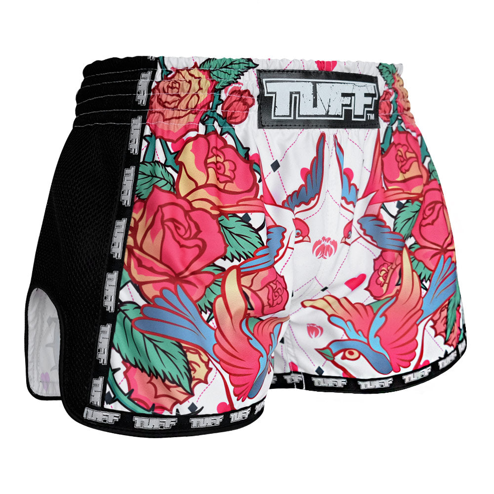 MRS302 TUFF Muay Thai Shorts Retro Style White Roses With Birds