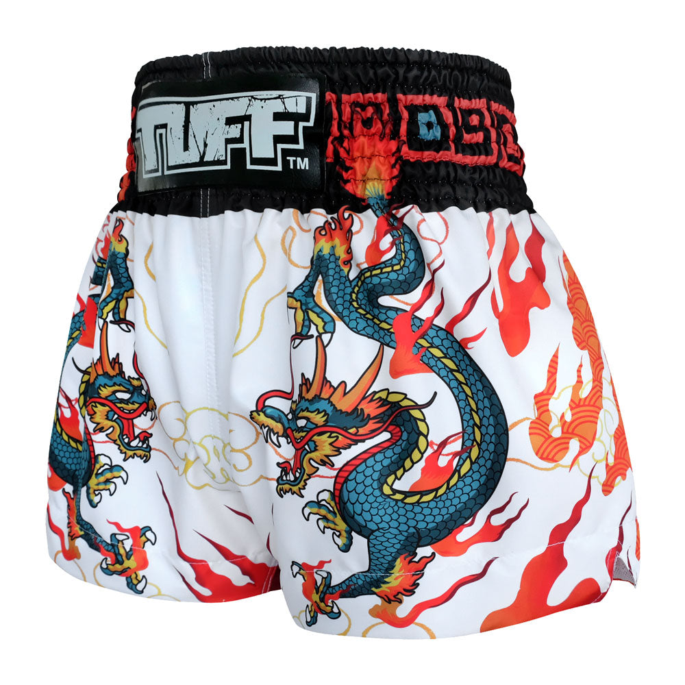 MS622 TUFF Muay Thai Shorts White With Blue Dragon