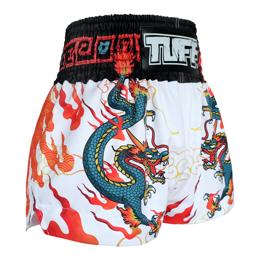 MS622 TUFF Muay Thai Shorts White With Blue Dragon