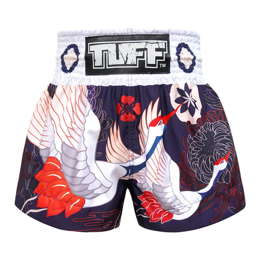 MS639 TUFF Muay Thai Shorts Navy Blue Japanese Drawing Crane Birds