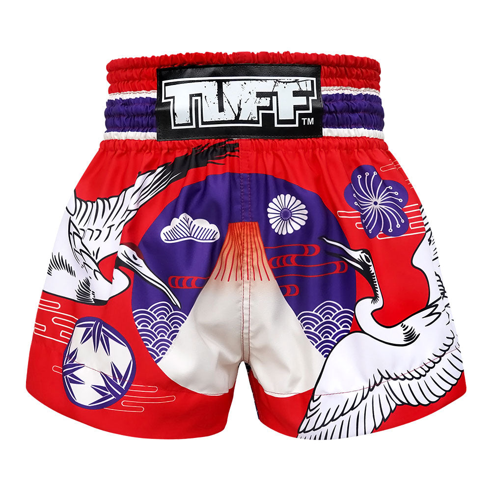 MS639 TUFF Muay Thai Shorts Red Japanese Drawing Crane Birds