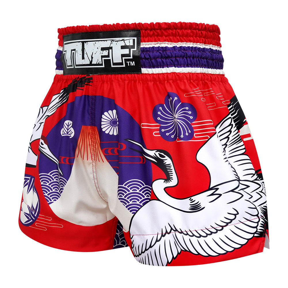 MS639 TUFF Muay Thai Shorts Red Japanese Drawing Crane Birds