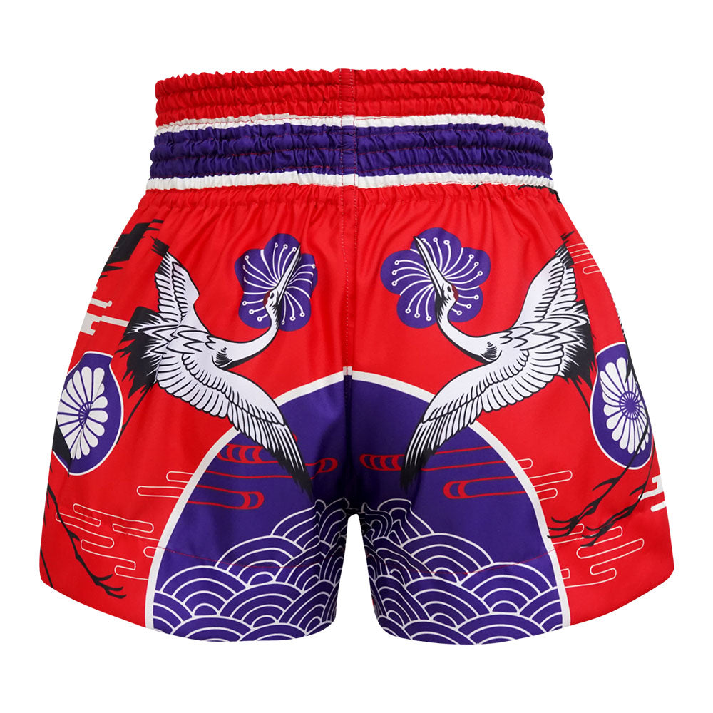 MS639 TUFF Muay Thai Shorts Red Japanese Drawing Crane Birds