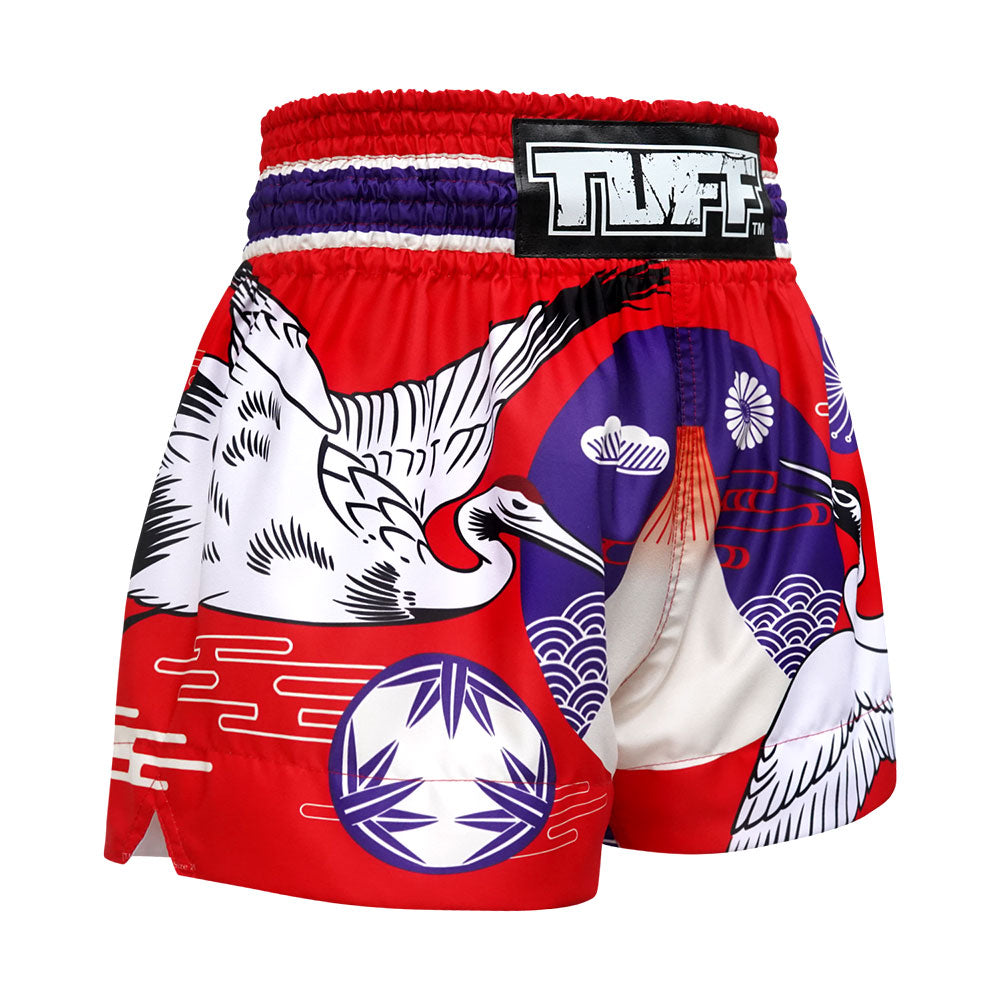 MS639 TUFF Muay Thai Shorts Red Japanese Drawing Crane Birds