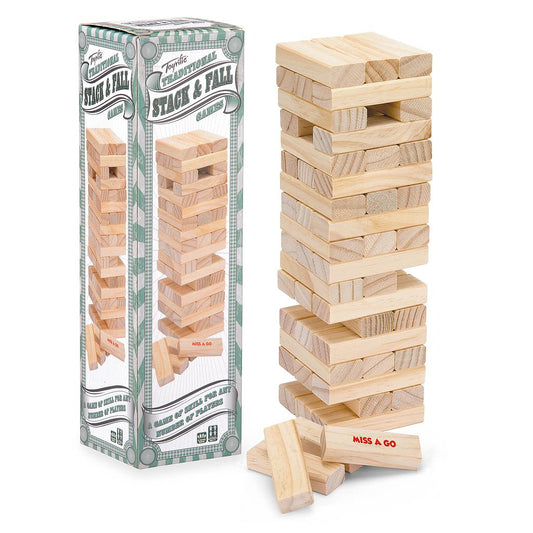 Toyrific Stack N Fall wooden block tower game with colorful blocks stacked and ready to topple during play.