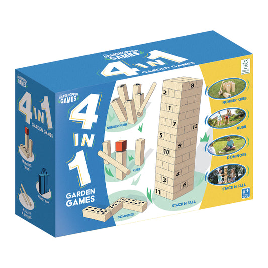 Grasshopper Games 4-in-1 wooden outdoor game set with colorful game pieces and durable wooden construction for backyard fun.