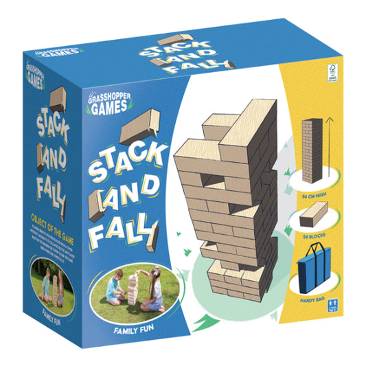 Grasshopper Games Giant Stack 'N' Fall wooden block game with colorful blocks for kids' outdoor play and stacking fun.