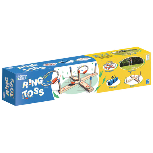 Grasshopper Games ring toss game set with colorful rings and pegs, ideal for outdoor sporting activities and family fun.