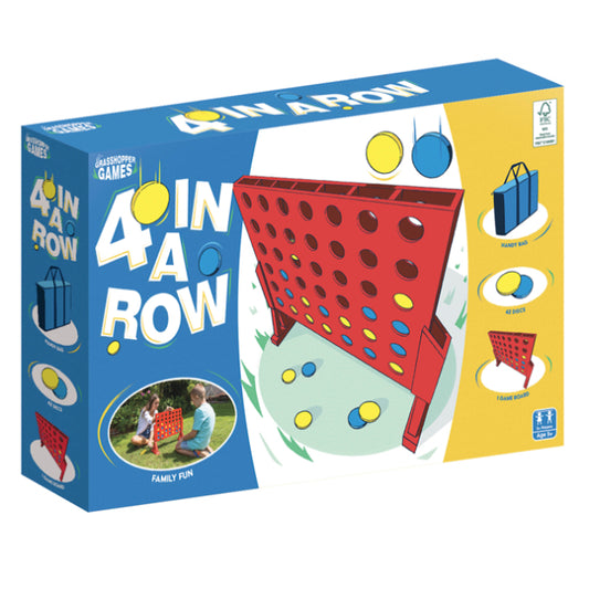 Grasshopper Games 4 In A Row wooden game set with red and black plastic chips on a game board for family play