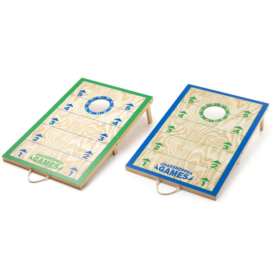 Grasshopper Games wooden cornhole set with two boards and bean bags, perfect for outdoor sporting fun and game nights.