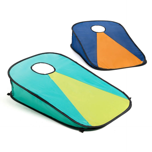 Toyrific Pop-Up Cornhole Set for outdoor games, featuring portable design with colorful cornhole boards and bean bags.