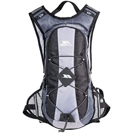 Trespass Mirror Hydration Pack 15L in black with adjustable straps and front pocket, designed for outdoor sports and hiking.