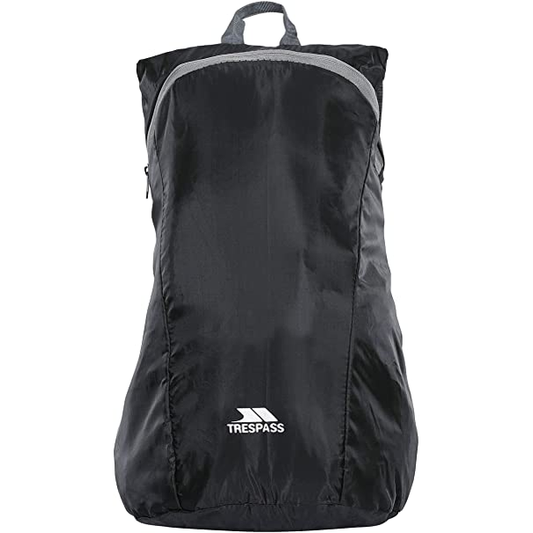 Trespass reversible 15L packaway rucksack in black, shown with the bag partially unfolded and ready for use.