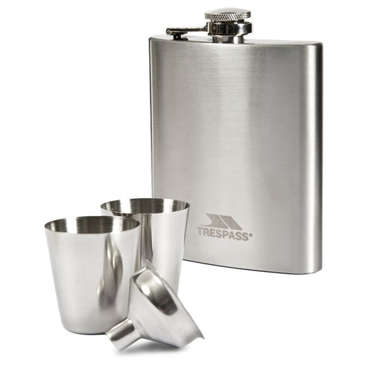 Trespass Dramcask stainless steel hip flask with matching tumblers, suitable for outdoor sporting and travel adventures.