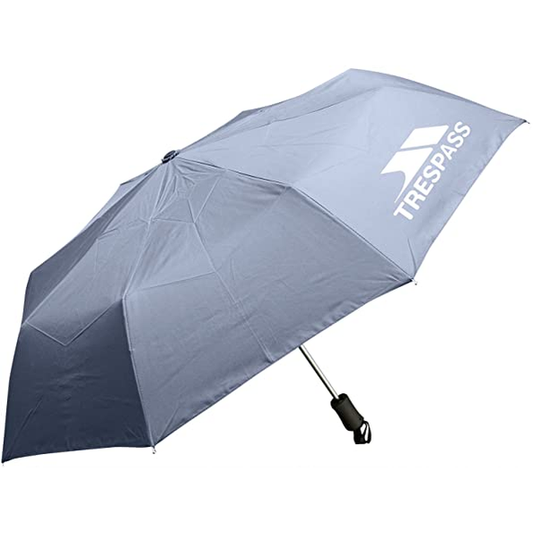 Trespass compact umbrella with black canopy and silver handle, ideal for sporting goods and outdoor use.
