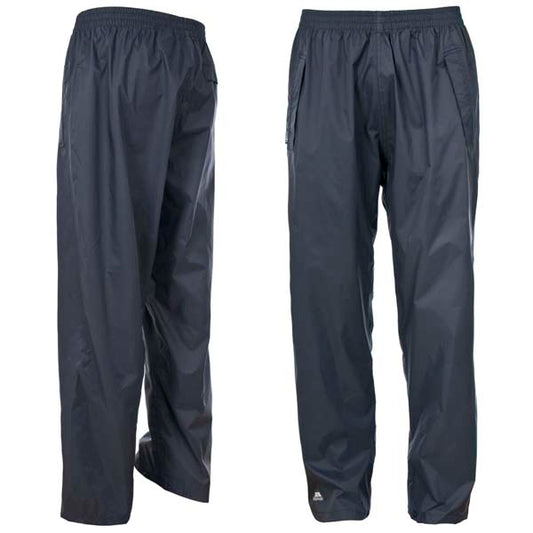Trespass Qikpac waterproof trousers for outdoor activities, showing the lightweight, water-resistant design and adjustable waistband.