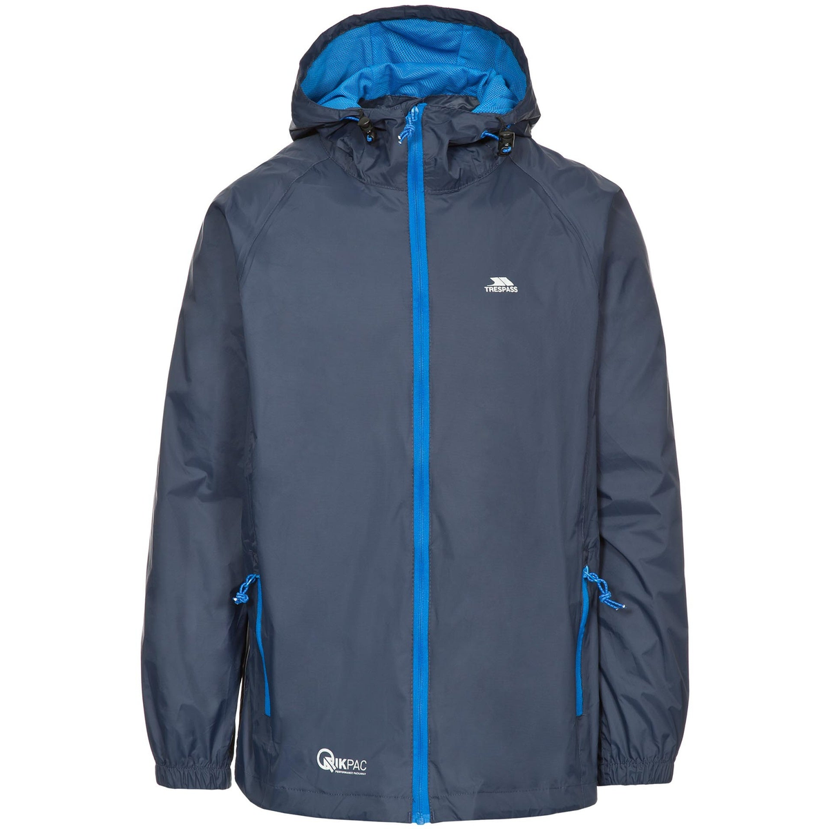 Trespass Qikpac waterproof jacket in bright blue, lightweight and packable, suitable for outdoor sports and rainy weather.