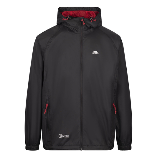 Trespass Qikpac waterproof jacket in bright red, lightweight and windproof, suitable for outdoor sports and rainy weather.