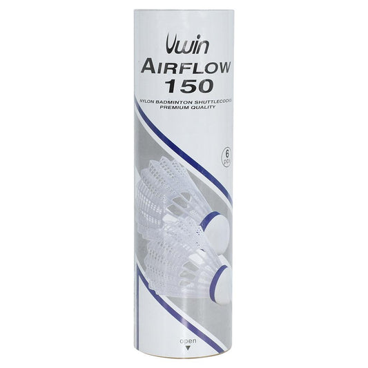 Uwin Airflow 150 badminton shuttlecocks in a tube of 6, featuring lightweight design and durable feathers for smooth gameplay
