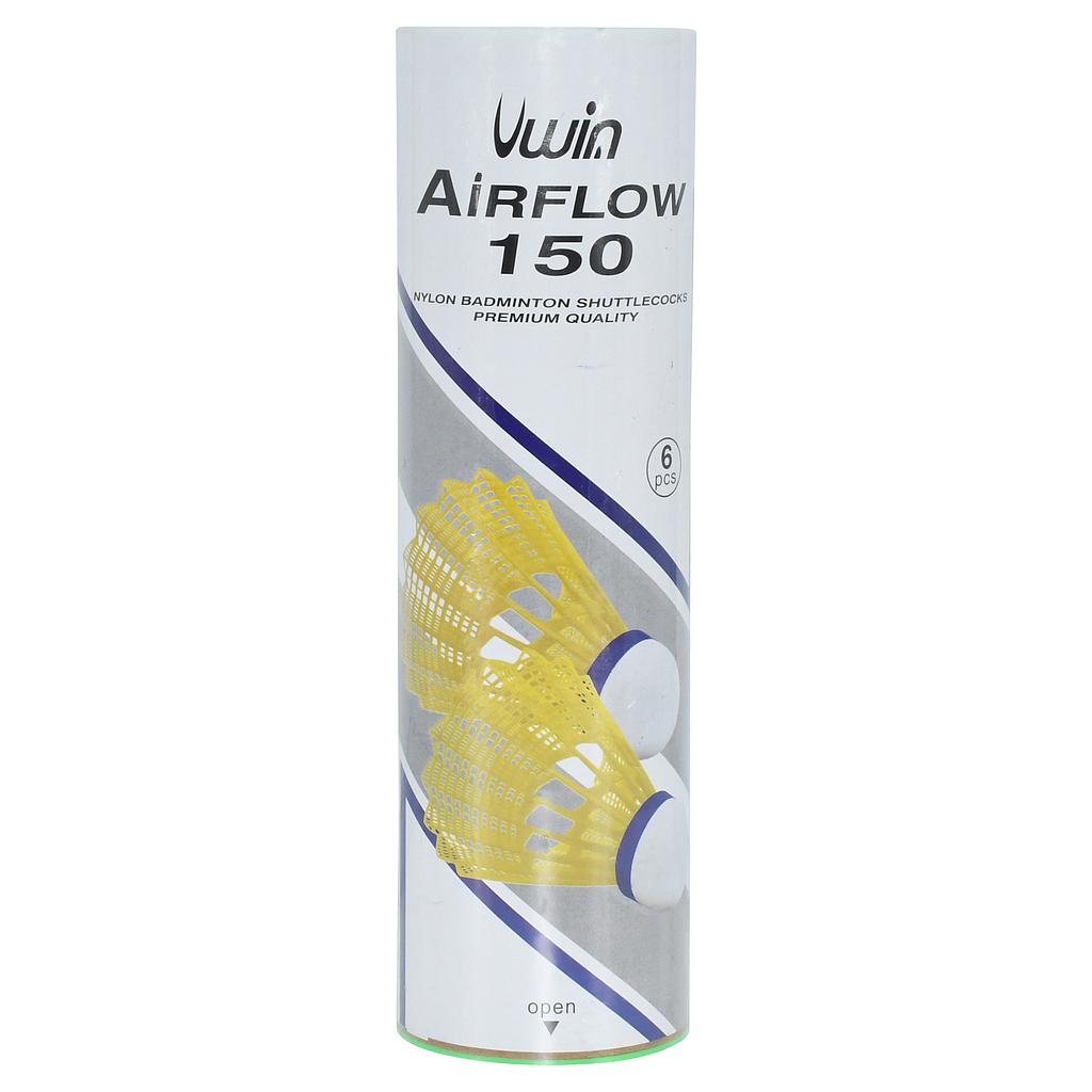 Uwin Airflow 150 badminton shuttlecocks in a tube of six, featuring lightweight design and durable feather construction.