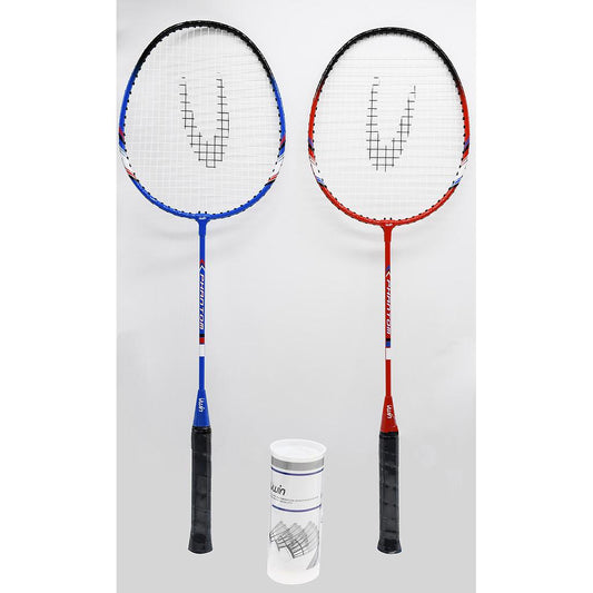 Uwin Phantom 2 Player Badminton Racket Set with two lightweight badminton rackets and shuttlecocks on a court surface.