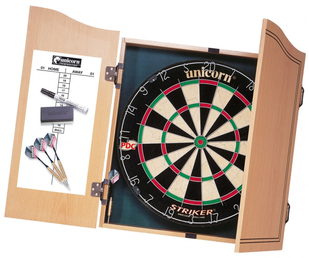 Unicorn Unicorn Striker wooden dart cabinet with bristle dartboard, sporting goods, mounted on wall with darts and cabinet doors open