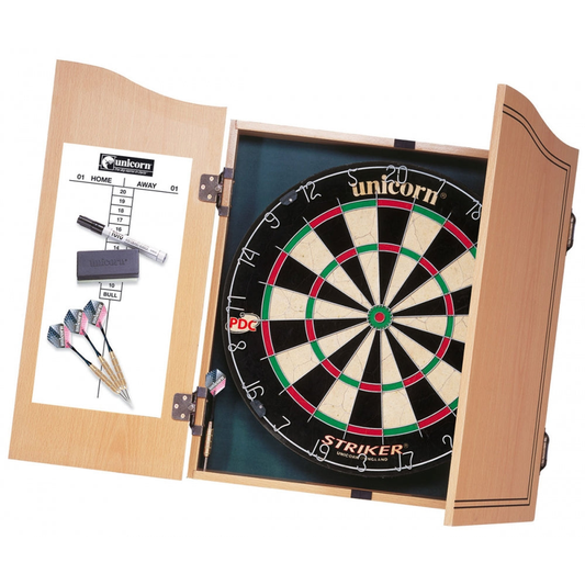 Unicorn Unicorn Striker wooden dart cabinet with bristle dartboard, mounted on a wall displaying darts and cabinet doors.