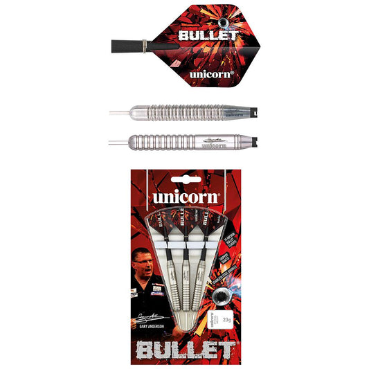 Unicorn Gary Anderson Bullet stainless steel darts with colorful unicorn design for sporting goods and dart enthusiasts.