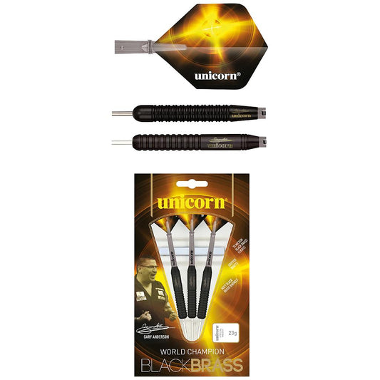 Unicorn Gary Anderson black brass darts for sporting goods, with sleek black and brass barrel design and dart tips visible.