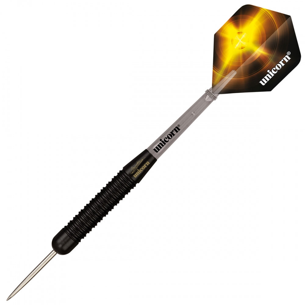 Unicorn Gary Anderson black brass darts for professional dart games, featuring sleek black finish and precision design.