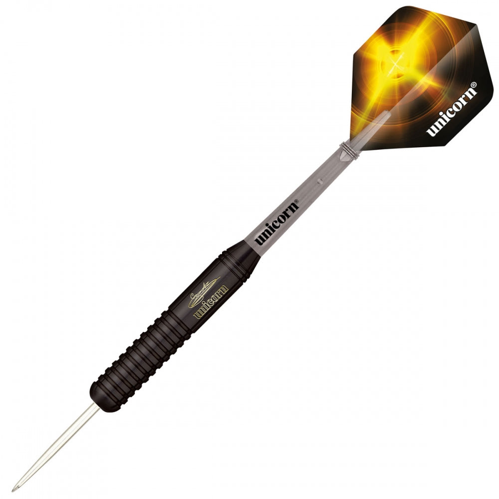 Unicorn Gary Anderson black brass darts for sporting goods, featuring a sleek black finish and detailed dart tips.