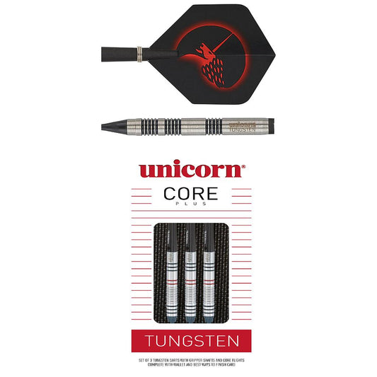 Unicorn Core Plus Win Tungsten Darts set featuring sleek silver darts with colorful flight designs, ideal for professional play.