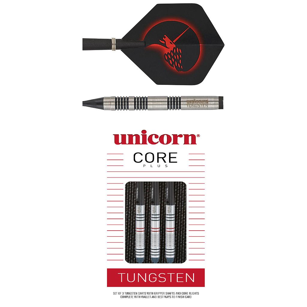 Unicorn Core Plus Win tungsten darts with colorful unicorn design and metallic tips, ideal for professional dart playing.