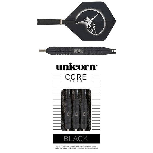 Unicorn Core Plus Win brass darts with black and silver barrels and pointed tips, designed for professional dart games.