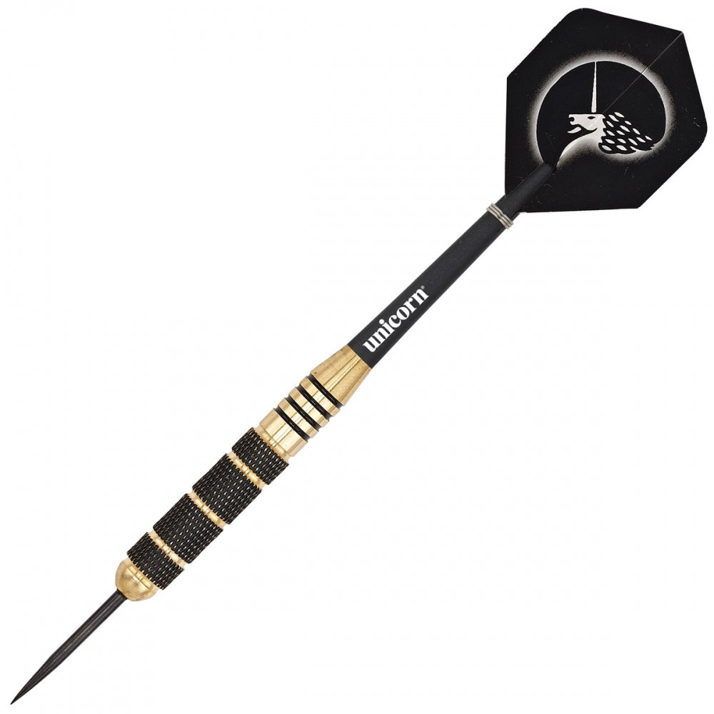 Unicorn Core Plus Win Brass Darts set with three brass darts and colorful flight tips for professional playing and competitive darts.