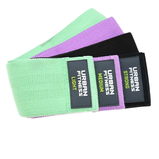 Set of three UFE Urban Fitness fabric resistance band loops, 15-inch length, showing durable blue and black loop bands for exercise.
