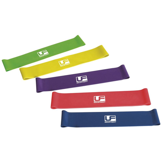 Set of five UFE Urban Fitness resistance band loops, 10 inches, suitable for strength training and physical fitness exercises.